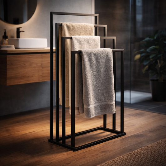 Modern Metal Towel Stand, Freestanding Bathroom Rack, Black Metal Towel Holder, Minimalist Floor Stand, Durable Steel Towel Stand, Sleek & Space-Saving Design, Organizers