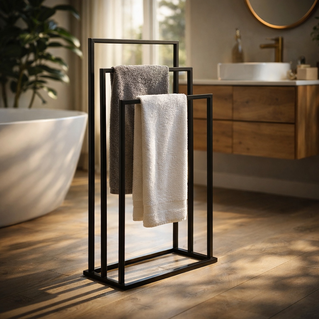 Modern Metal Towel Stand, Freestanding Bathroom Rack, Black Metal Towel Holder, Minimalist Floor Stand, Durable Steel Towel Stand, Sleek & Space-Saving Design, Organizers